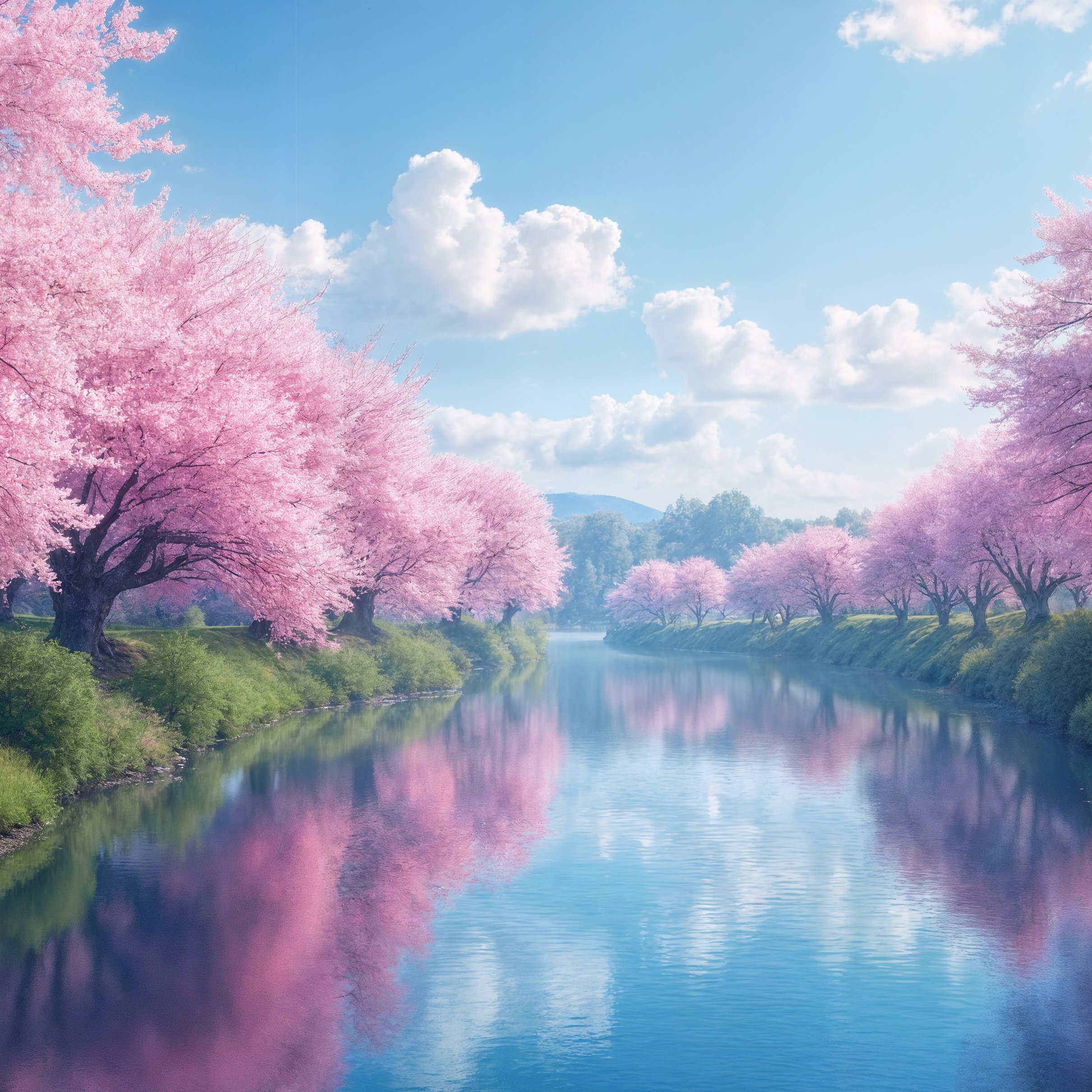 Blue river and pink sakura in spring - Wallpapers for iPad Pro 11″ 2024 in 2420x2420 resolution
