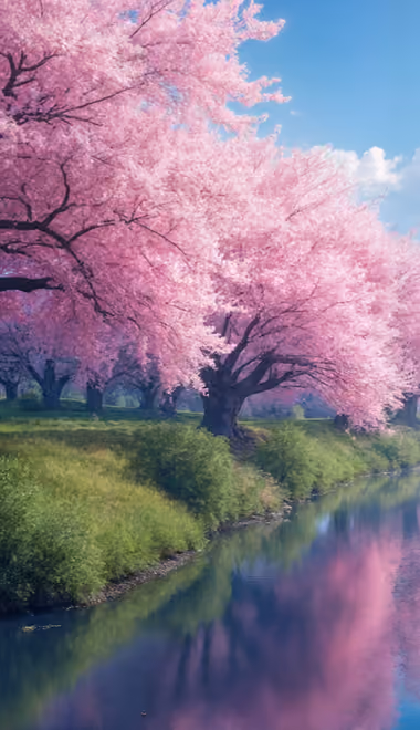 Nature wallpapers: sakura, river, spring, sky