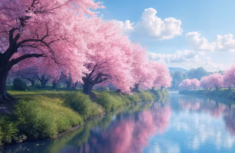 Nature wallpapers: sakura, river, spring, sky