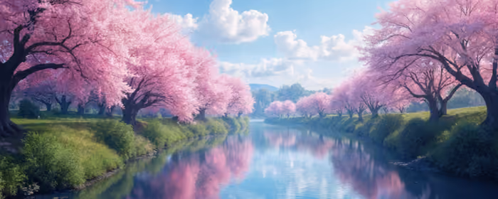 Nature wallpapers: sakura, river, spring, sky