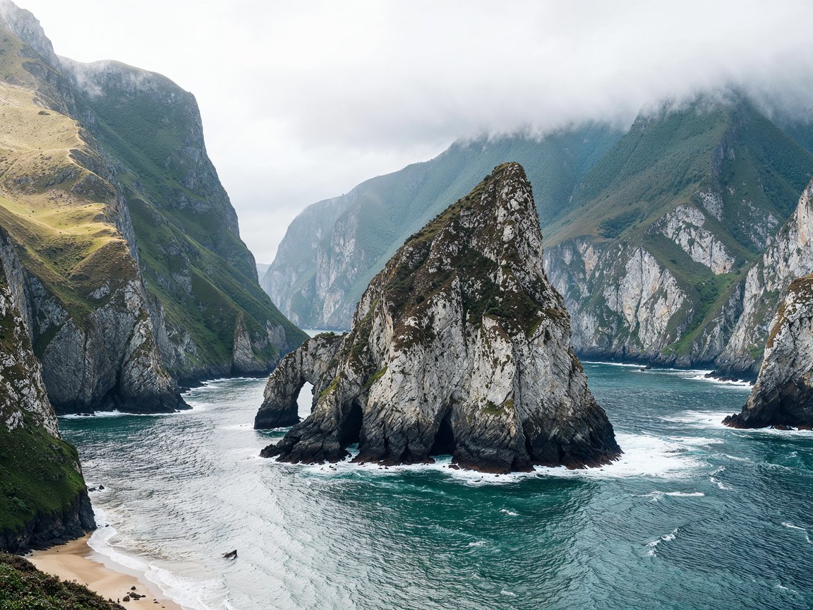 Foggy Ocean Coastline with Rock Formations - XGA+ wallpapers in 1152x864 resolution