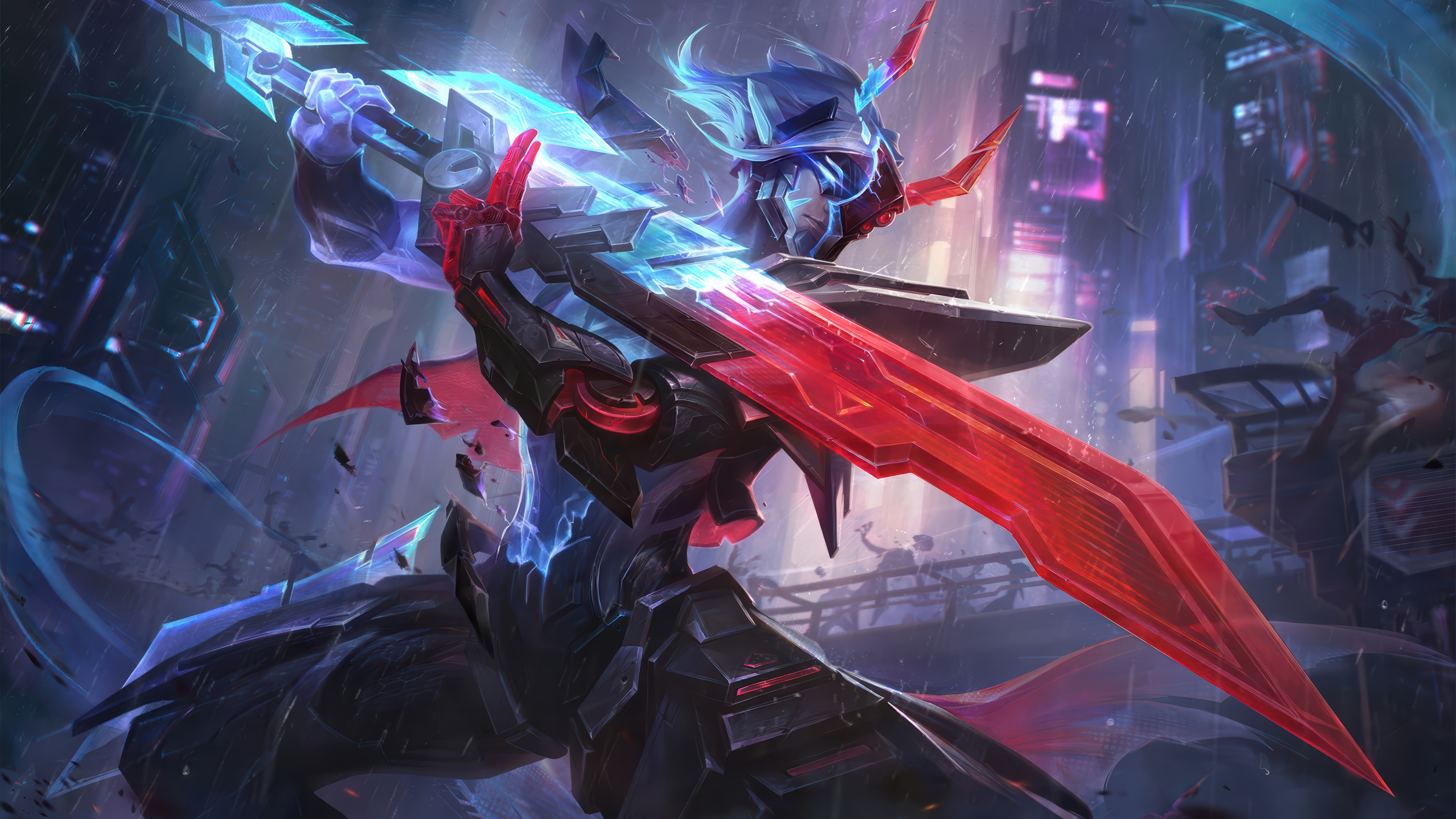 Master Yi с мечами в киберпанк городе - 8K обои в разрешении 7680x4320