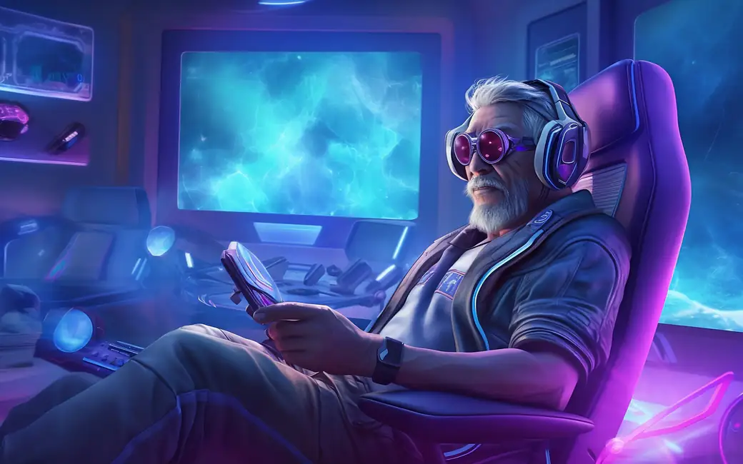 Cyberpunk man in futuristic room — desktop and phone wallpaper, free download