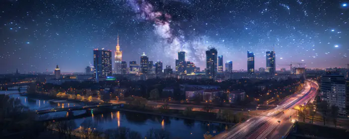 UltraWide 21:9 обои метрополия (2560x1080): ночь, небоскрёбы, центр города, Млечный Путь