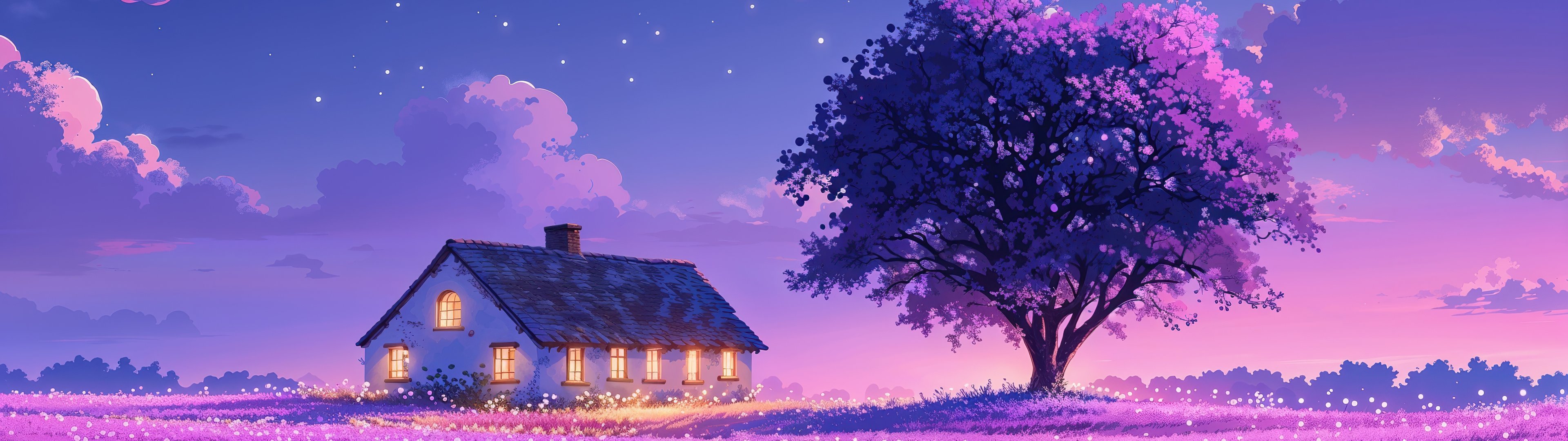 Домик в деревне на закате - UltraWide 32:9 обои в разрешении 3840x1080