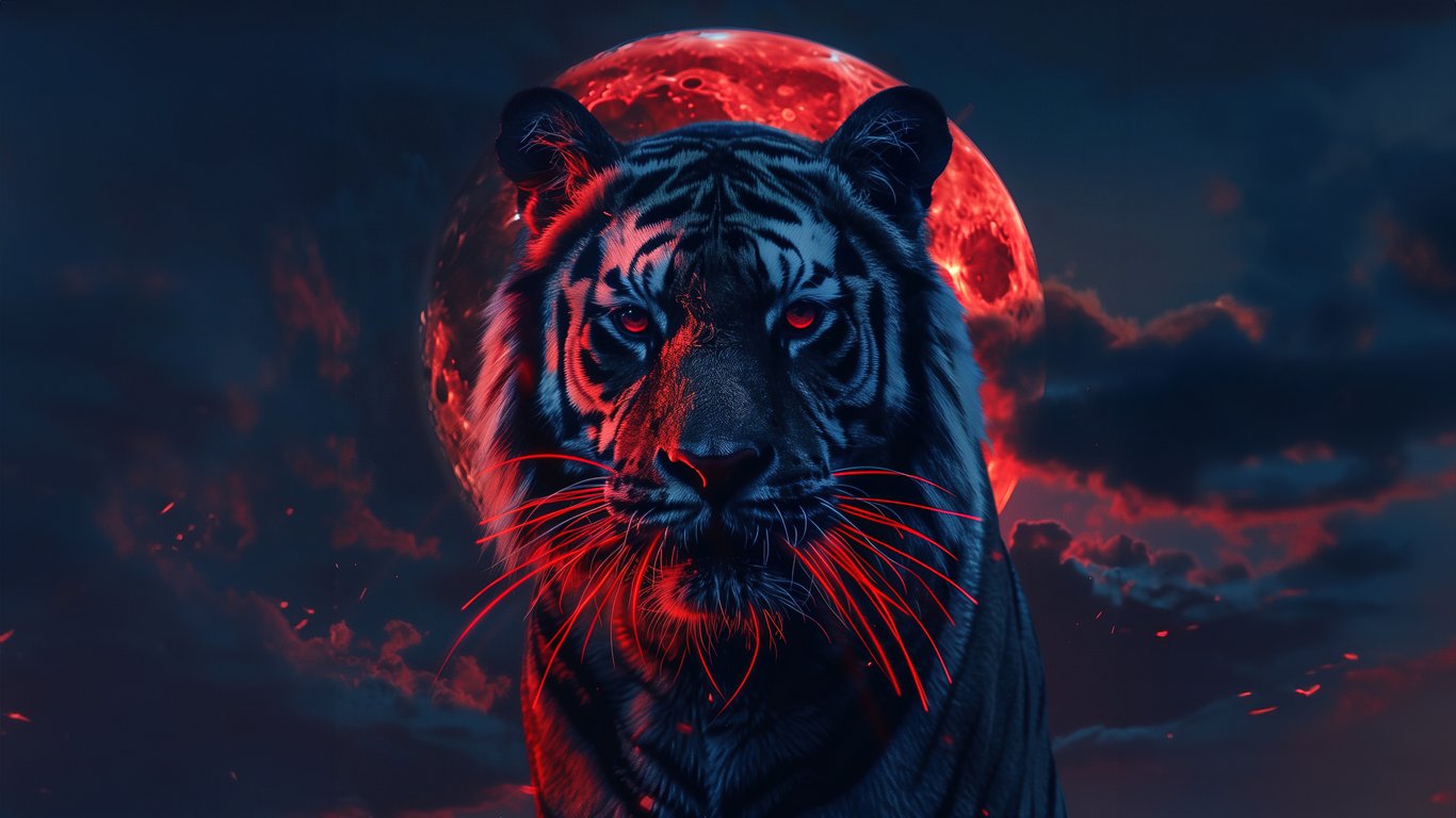 Tiger Under Red Moonlight - Laptop Wallpapers in 1366x768 resolution
