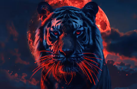 Full HD обои облака (1920x1080): красные глаза, тигр, Луна, ночь