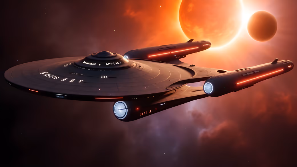 Futuristic spaceship near glowing planets — desktop and phone wallpaper, free download