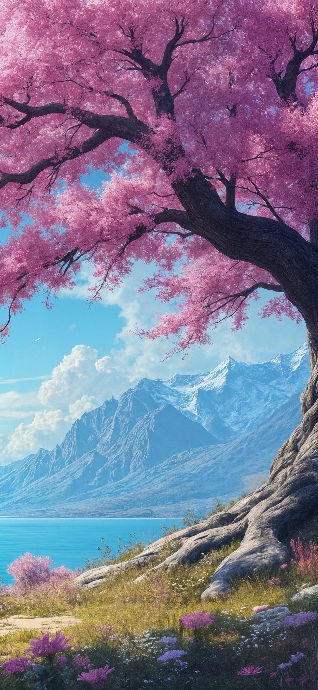 Sakura by the river and mountain river - Wallpapers for iPhone 12 mini/13 mini, Samsung Galaxy S24/S24 FE/S25/S25 FE/S26/A55/A56/A35/A26/A16/M15, Xiaomi, Sony Xperia in 1080x2340 resolution