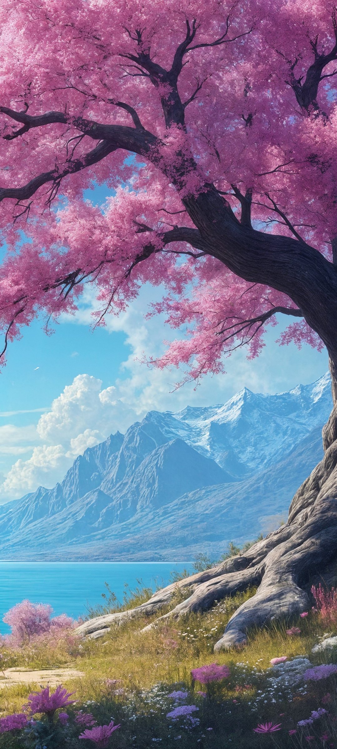 Sakura by the river and mountain river - Wallpapers for Samsung Galaxy M55, POCO M4/X4/X5, Xiaomi Redmi 12/13/Note 13/Note 14/Note 14S in 1080x2400 resolution