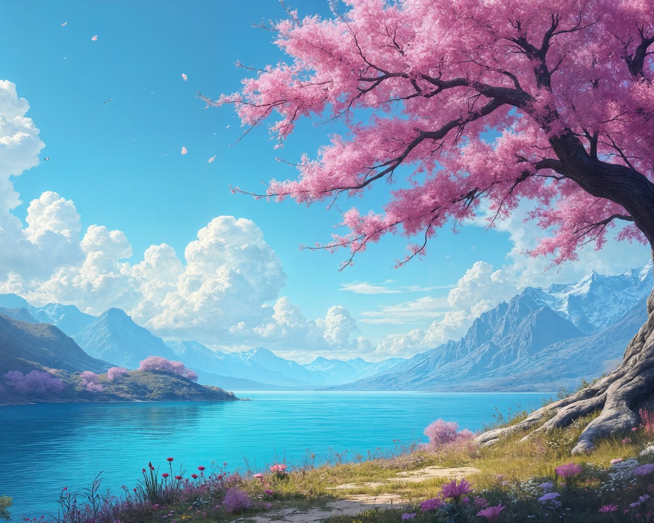 Sakura by the river and mountain river - SXGA wallpapers in 1280x1024 resolution