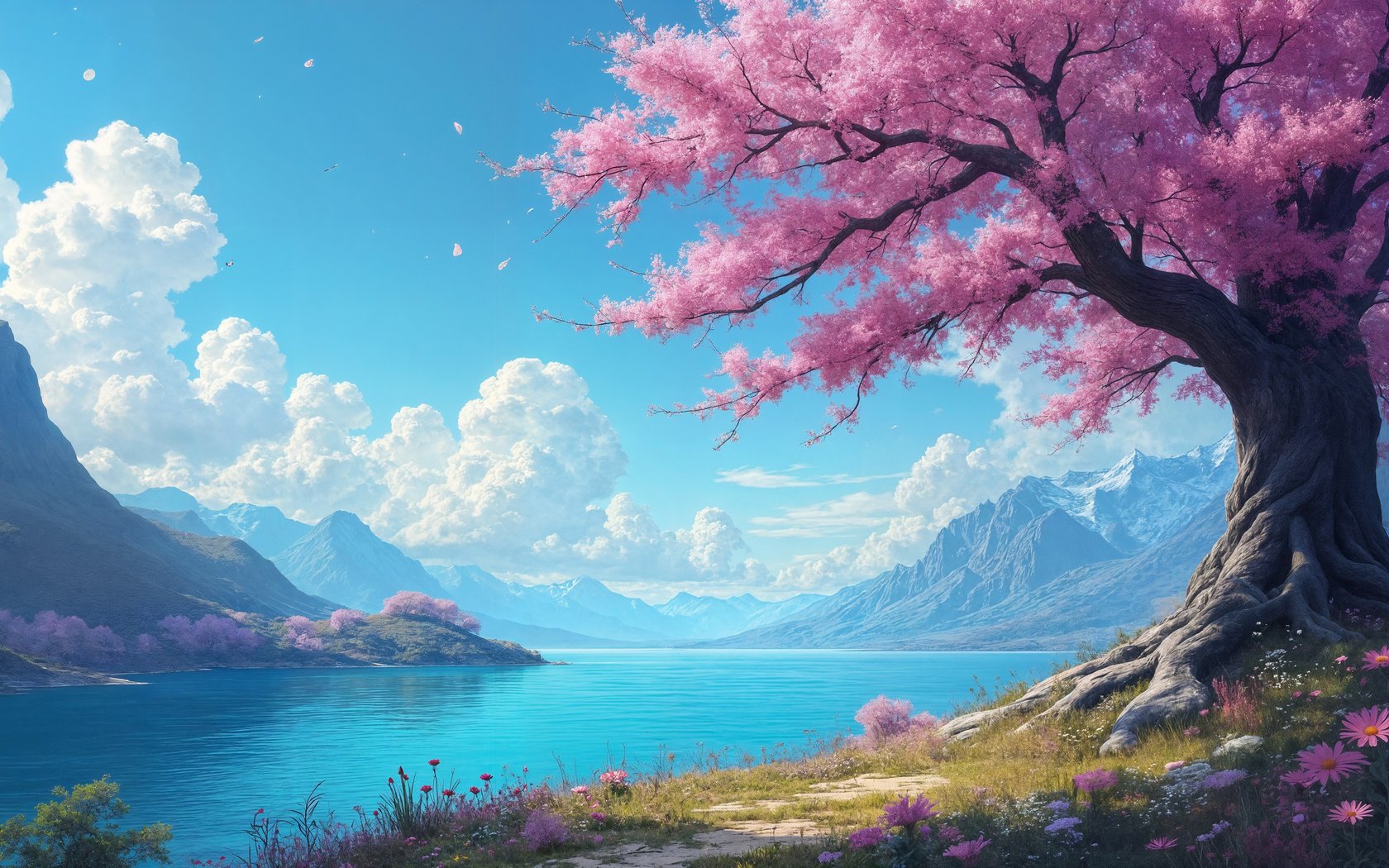 Sakura by the river and mountain river - WSXGA+ wallpapers in 1680x1050 resolution
