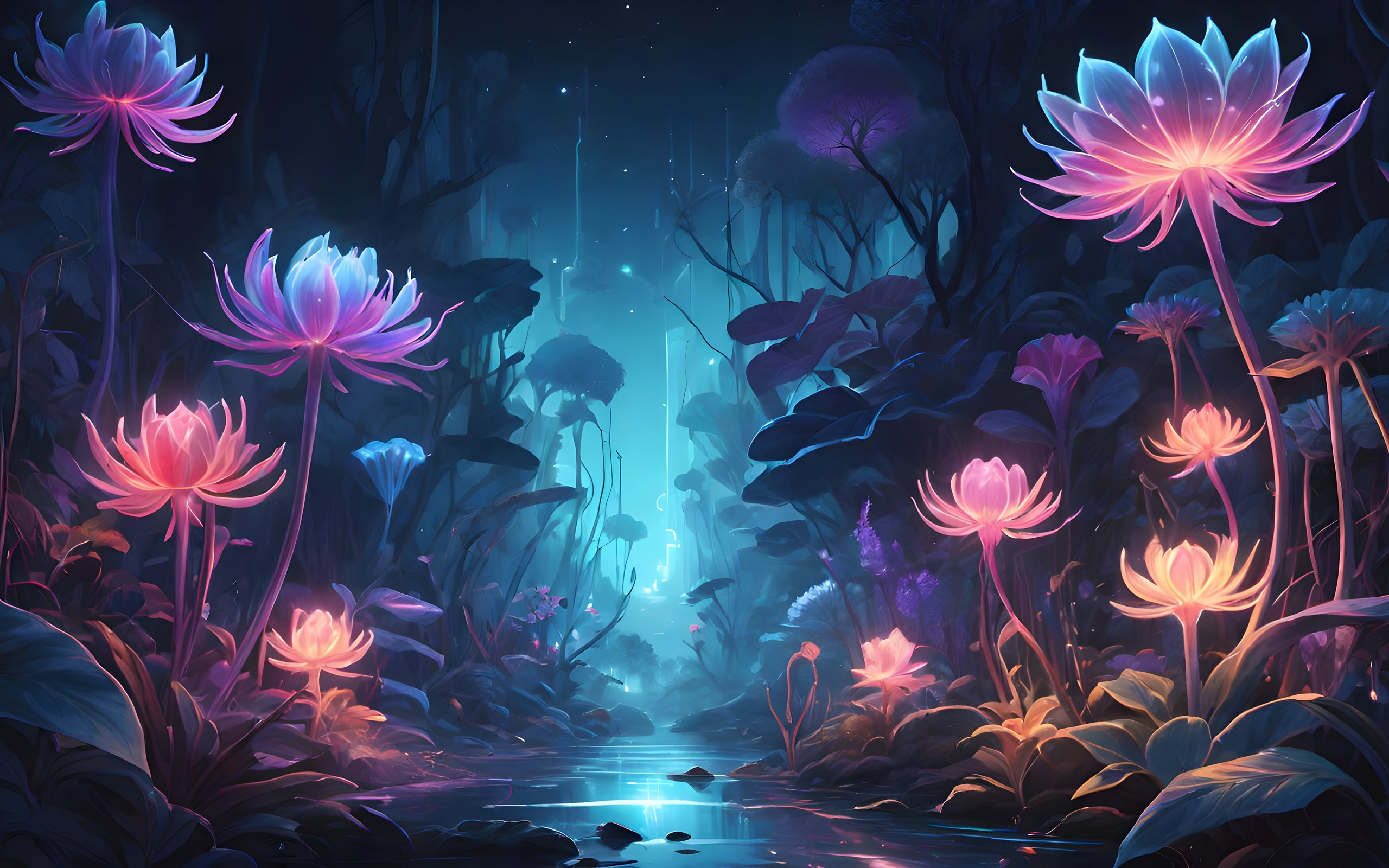 Magic forest with glowing flowers - WQXGA and for Apple MacBook Air 13 wallpapers in 2560x1600 resolution