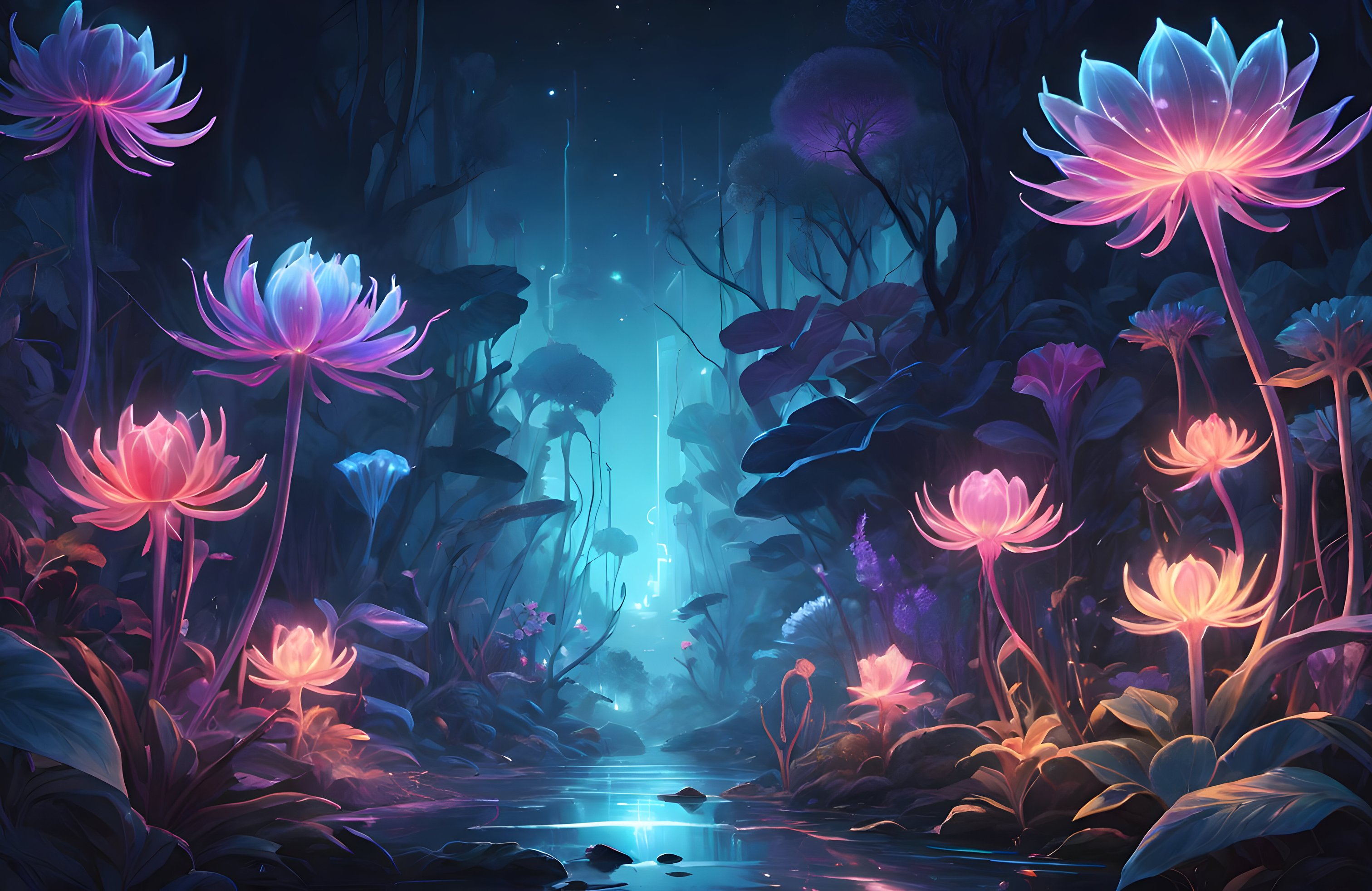 Magic forest with glowing flowers - Wallpapers for Apple MacBook 14.2″ in 3024x1964 resolution