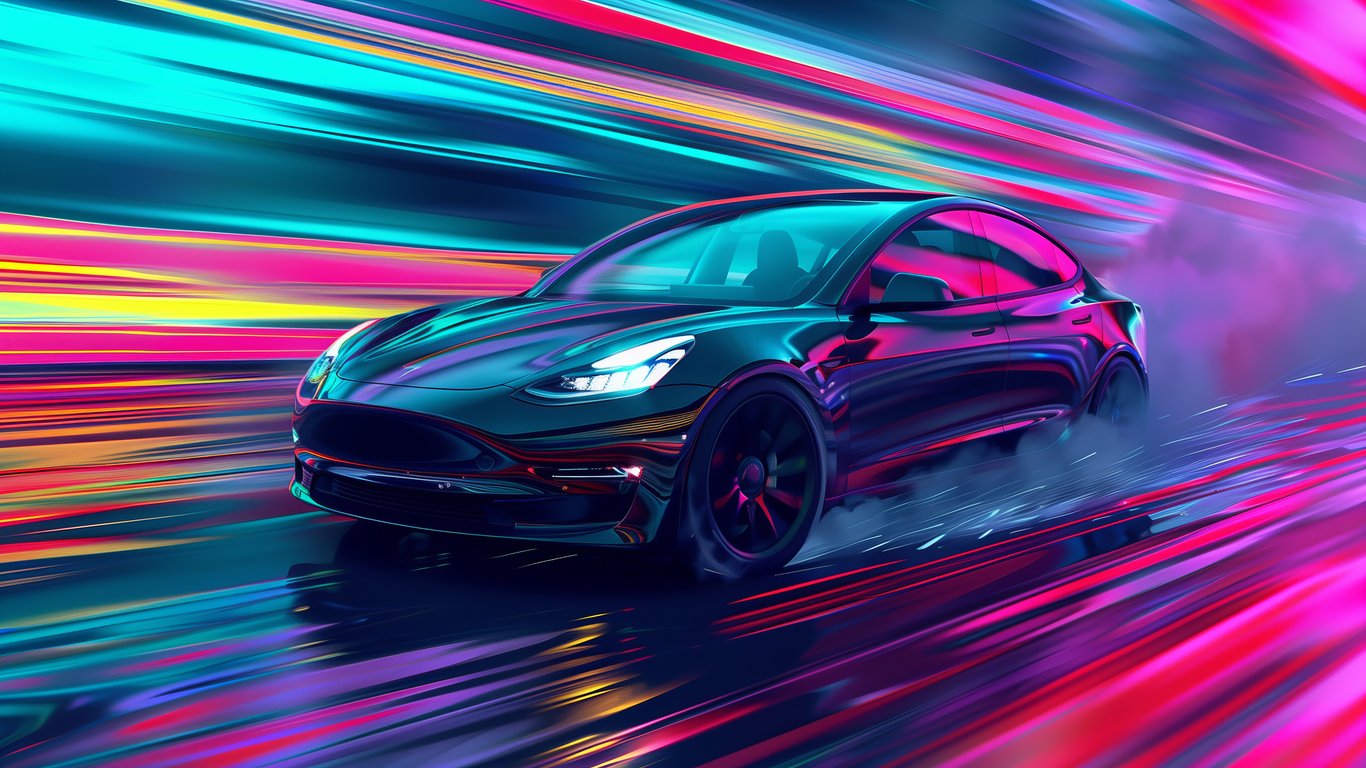 Tesla Model 3 in neon light - Laptop Wallpapers in 1366x768 resolution