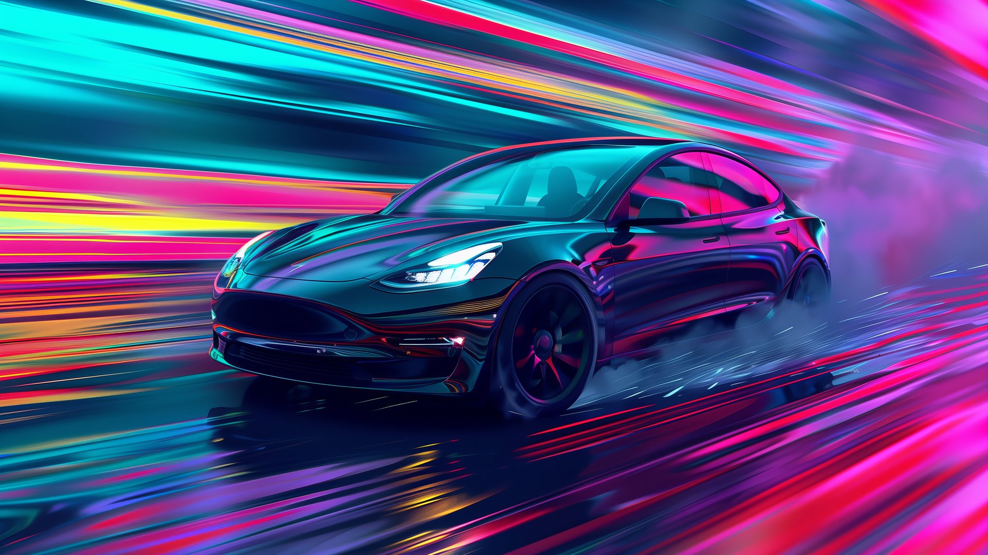 Tesla Model 3 в неоновом свете - Full HD обои в разрешении 1920x1080