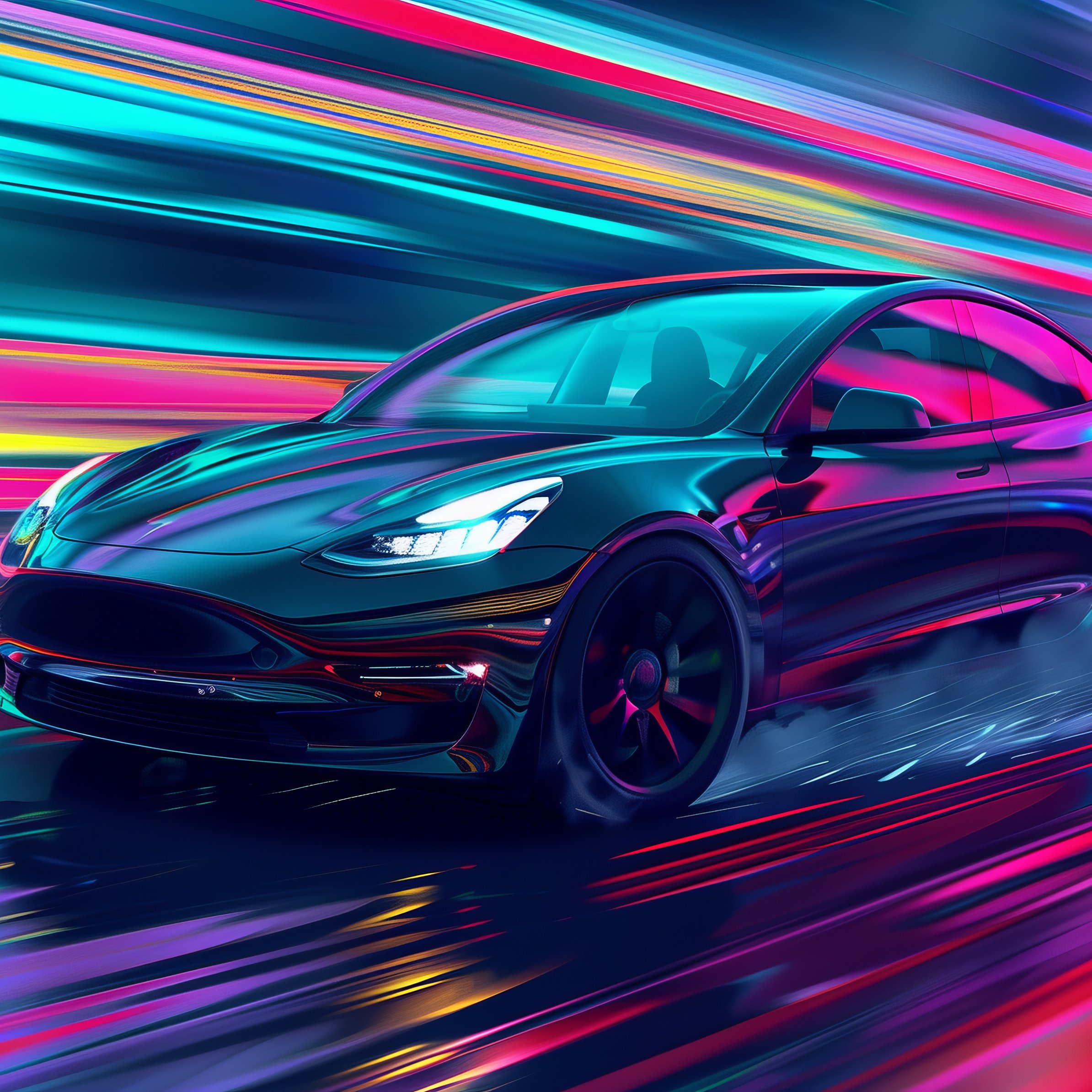 Tesla Model 3 in neon light - Wallpapers for iPad Pro 11″ in 2388x2388 resolution