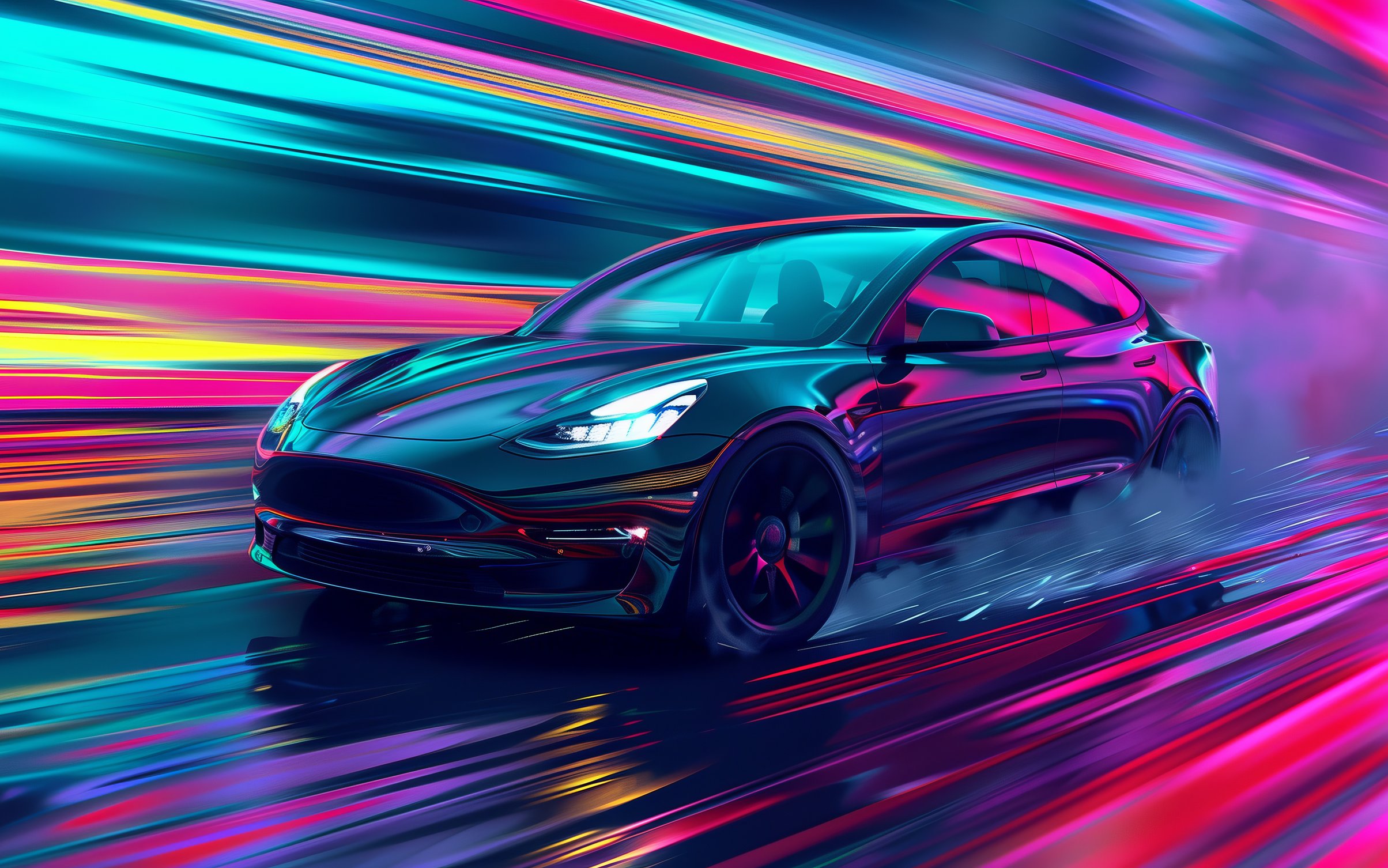 Tesla Model 3 in neon light - Wallpapers for MacBook Neo in 2408x1506 resolution