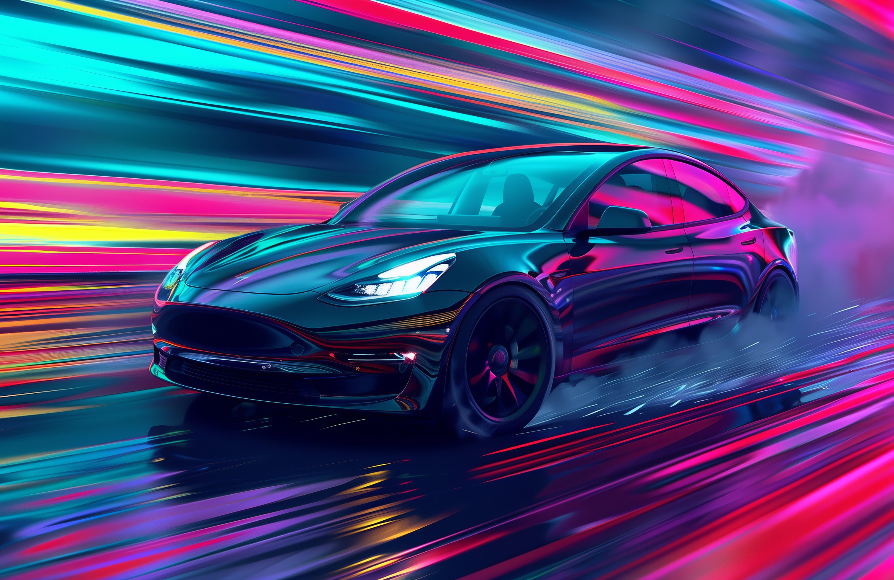 Tesla Model 3 in neon light - Wallpapers for Apple MacBook 14.2″ in 3024x1964 resolution