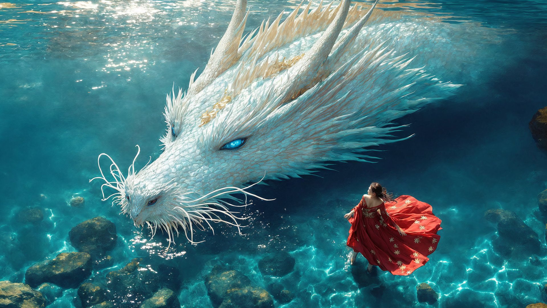 Белый водный дракон - Full HD обои в разрешении 1920x1080