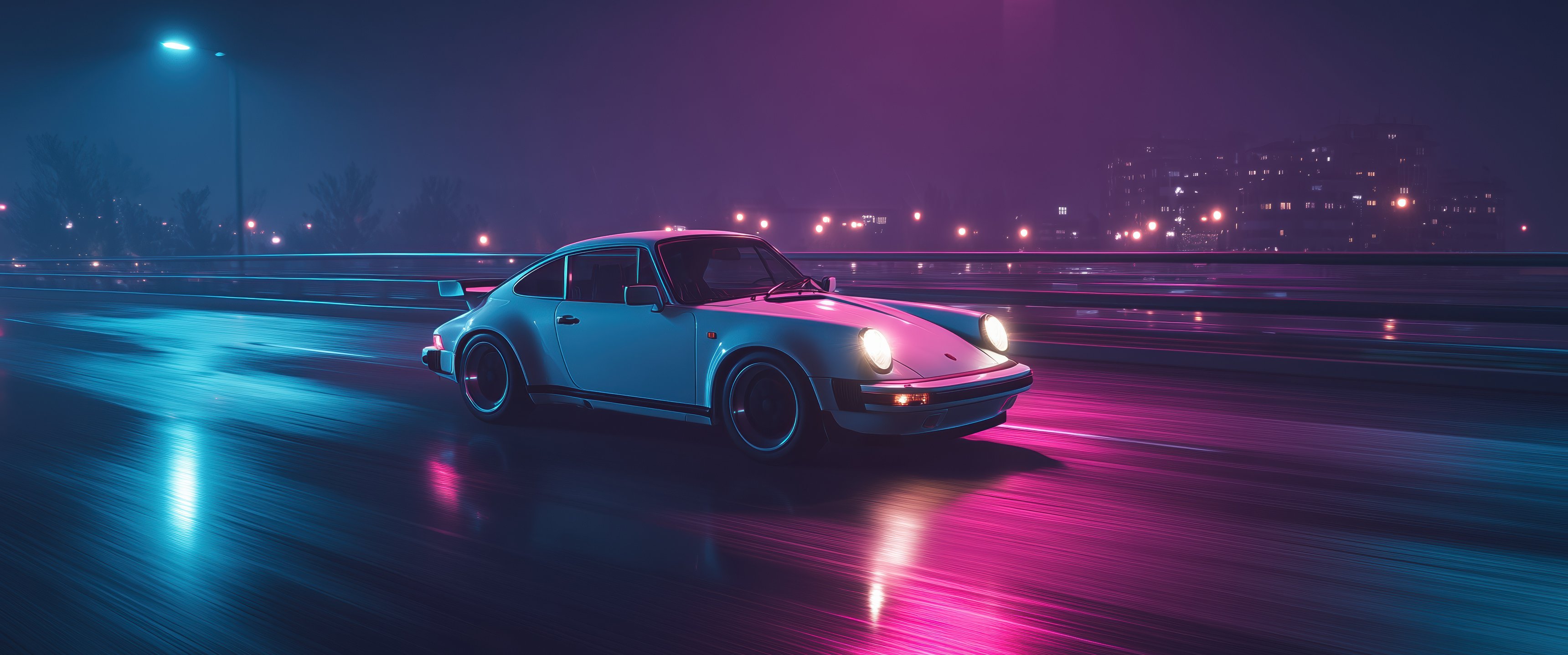 Porsche 911 in pink neon night - UltraWide 21:9 wallpapers in 3440x1440 resolution