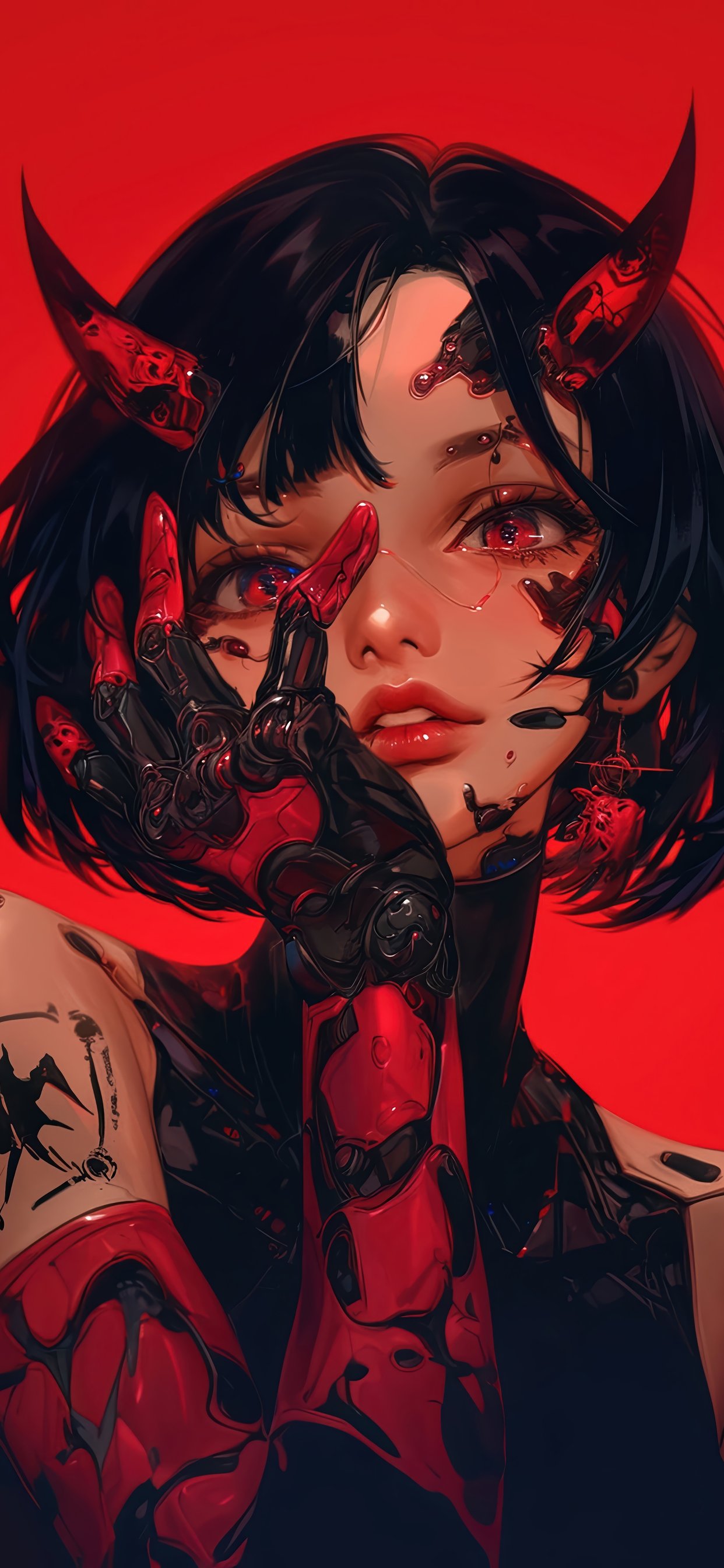 Anime Demon Girl with Red Horns and Cybernetic Arm - Wallpapers for iPhone 11 Pro Max in 1242x2688 resolution