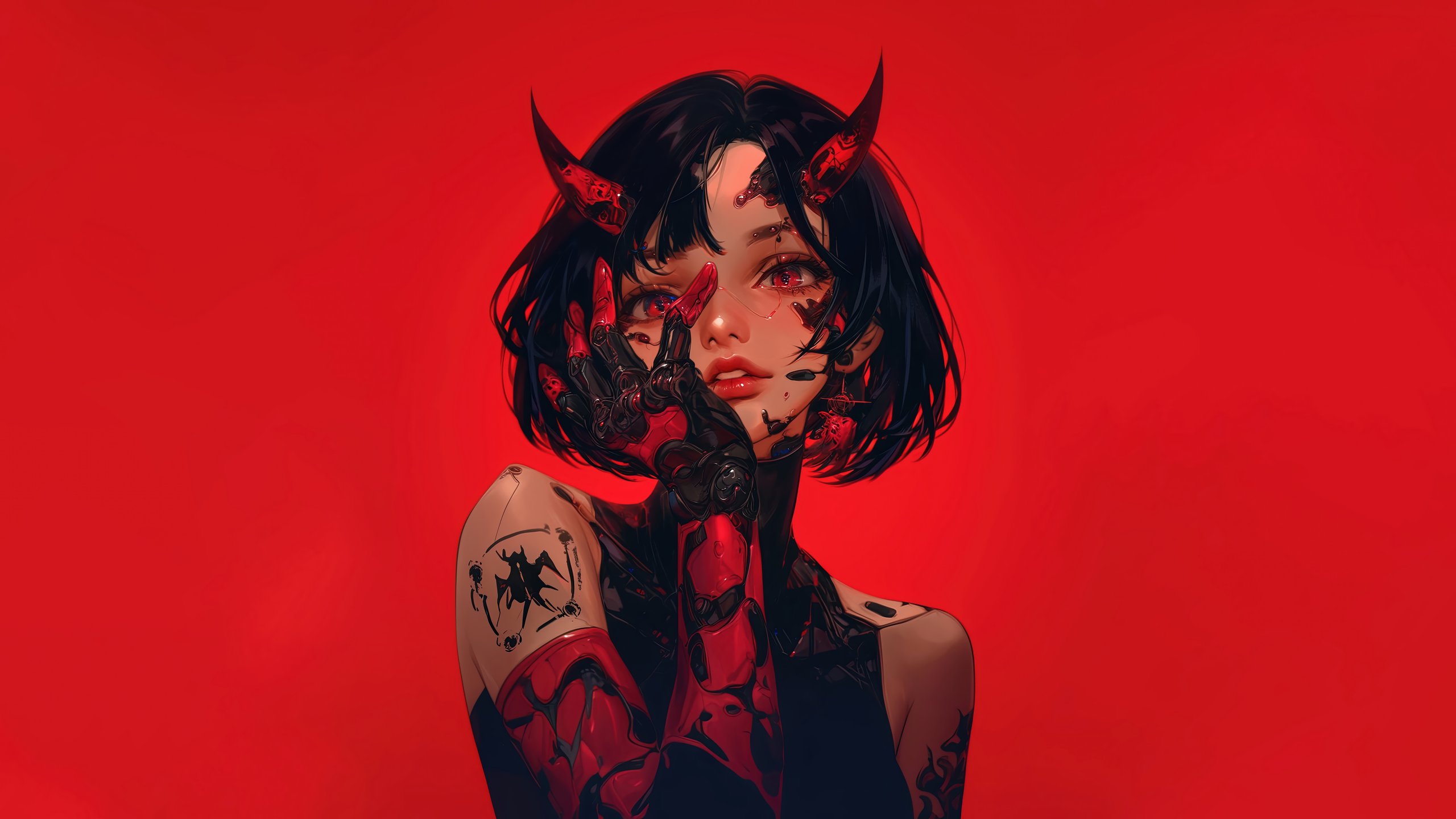 Anime Demon Girl with Red Horns and Cybernetic Arm - 2K Quad HD wallpapers in 2560x1440 resolution