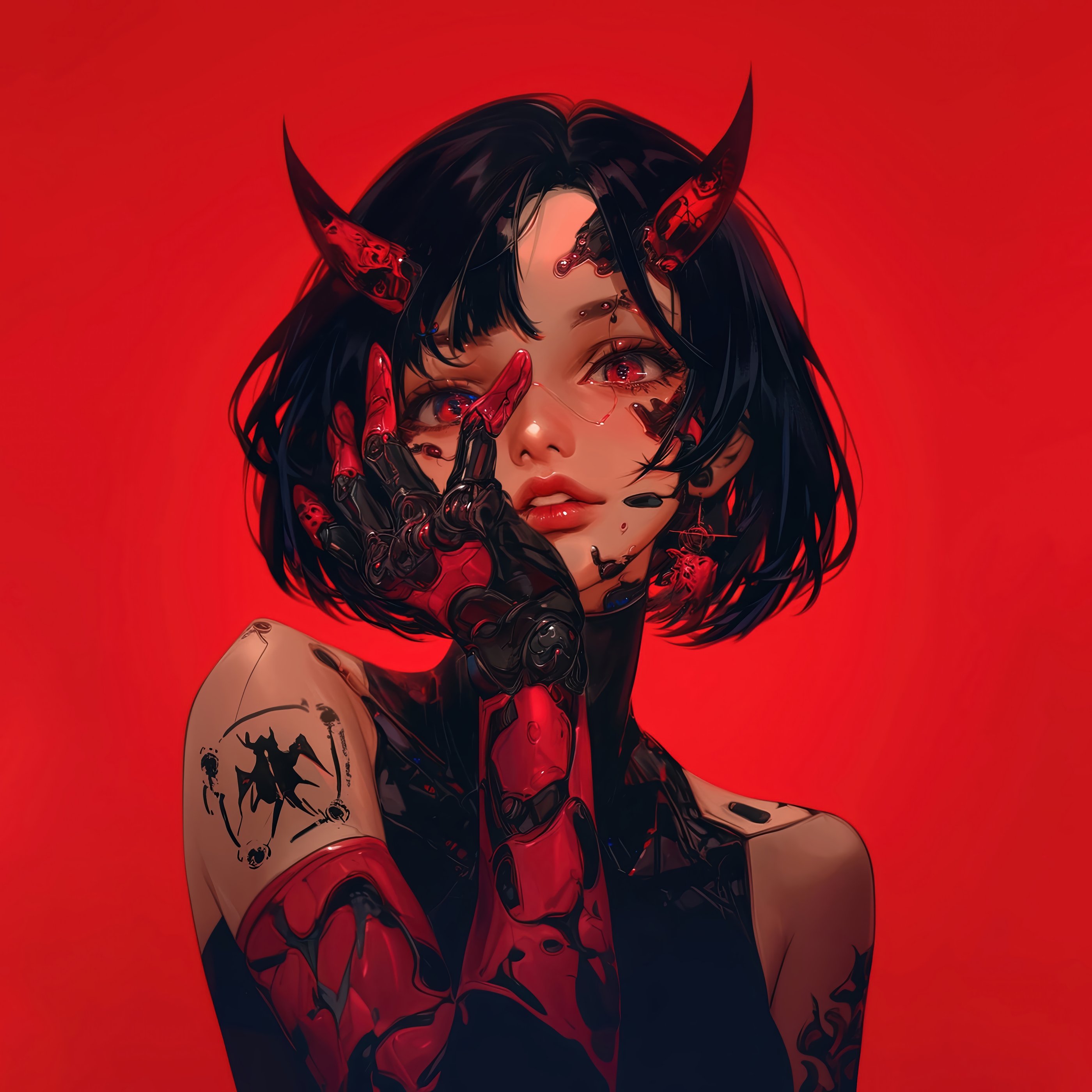 Anime Demon Girl with Red Horns and Cybernetic Arm - Wallpapers for Samsung Galaxy Tab S9+ in 2800x2800 resolution