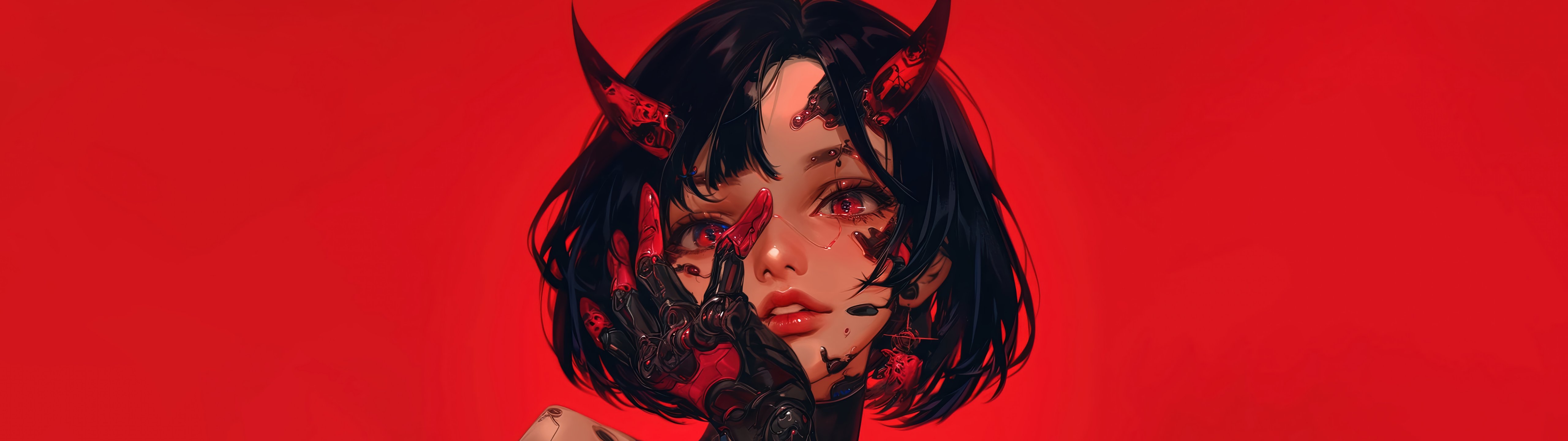 Anime Demon Girl with Red Horns and Cybernetic Arm - UltraWide 32:9 wallpapers in 5120x1440 resolution