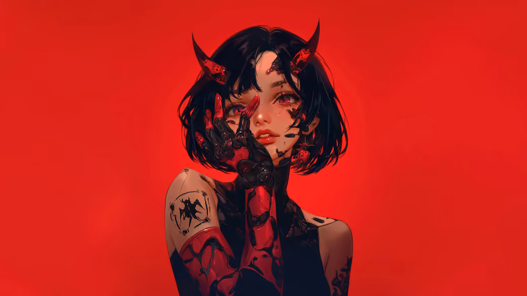 Anime Demon Girl with Red Horns and Cybernetic Arm — desktop and phone wallpaper, free download