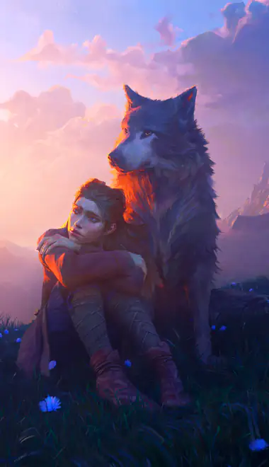 Wallpapers for iPhone 17 Pro/17/16 Pro (1206x2622): woman, wolf, mountains, sunset