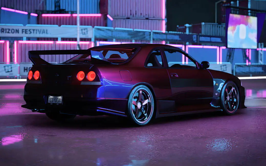 Nissan Skyline R33 at night in neon — desktop and phone wallpaper, free download