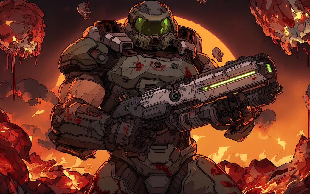 Doom броня солдата в огненной битве — обои на рабочий стол и телефон