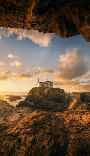 Nature wallpapers: rock, house, sunset, evening