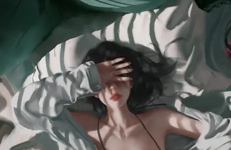 WSXGA+ hand wallpapers (1680x1050): WLOP, woman, t-shirt, bed