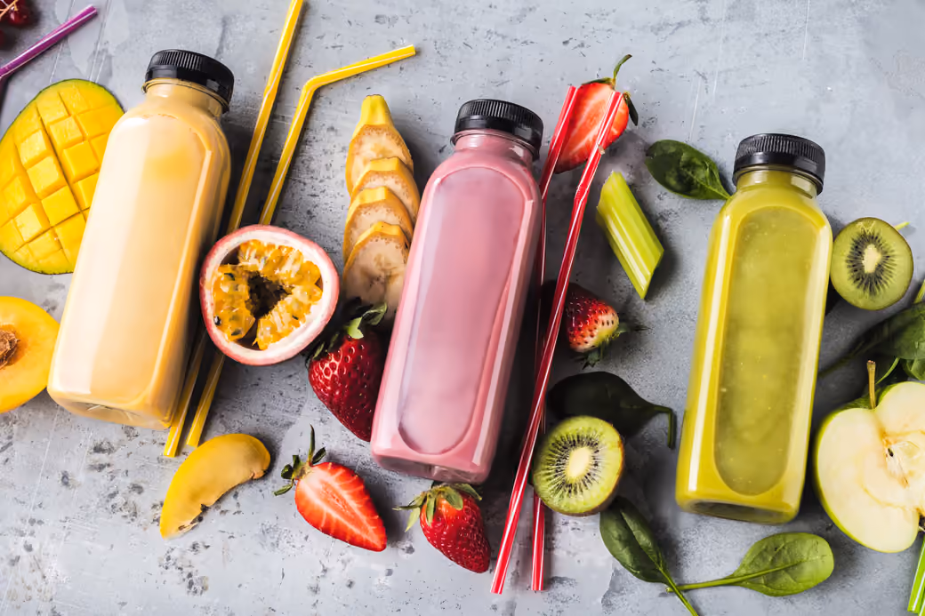 Fruit and Berry Smoothie Bottles — desktop and phone wallpaper, free download