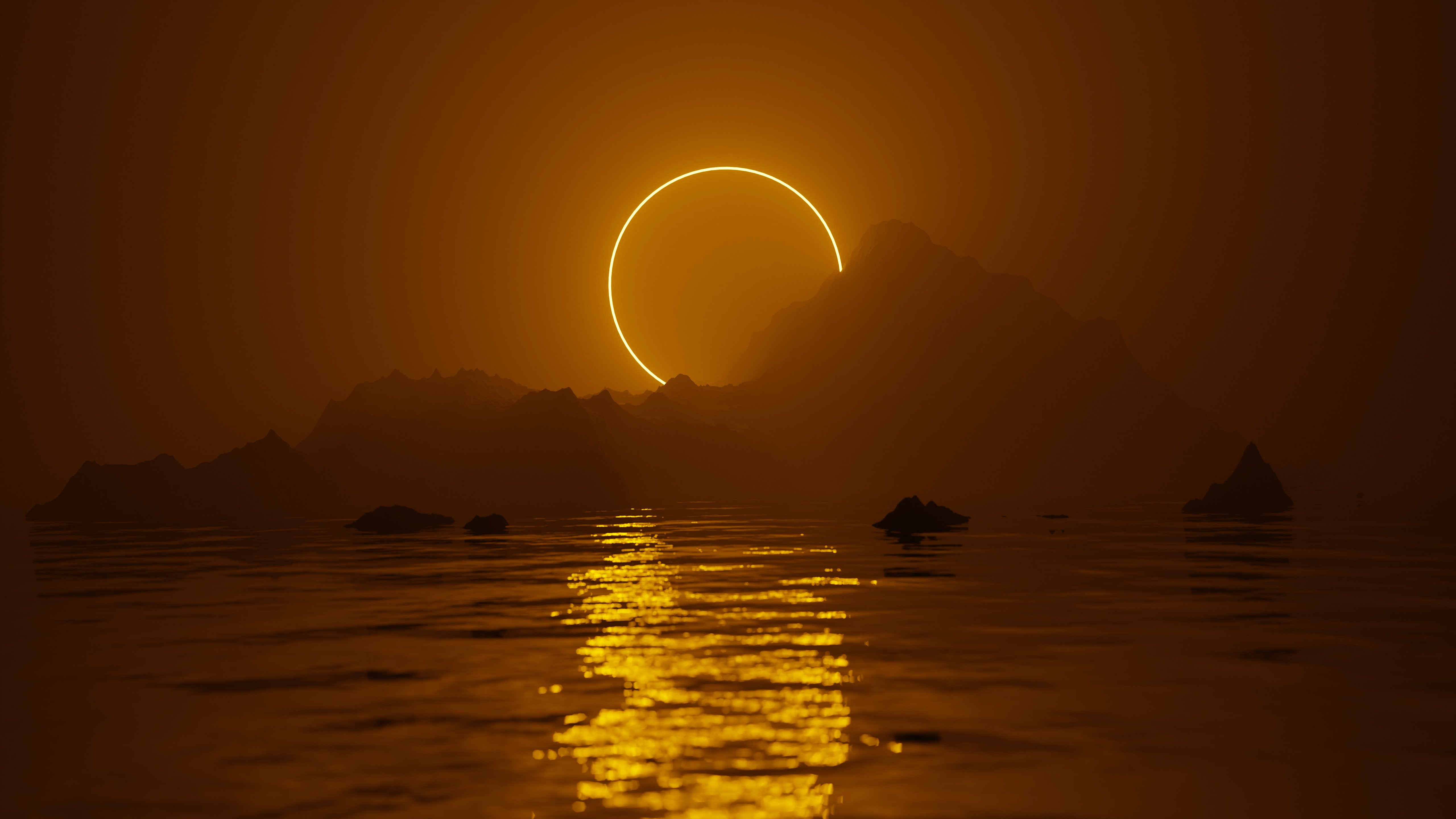 Neon Ring Over Mountain Lake - 5K wallpapers in 5120x2880 resolution