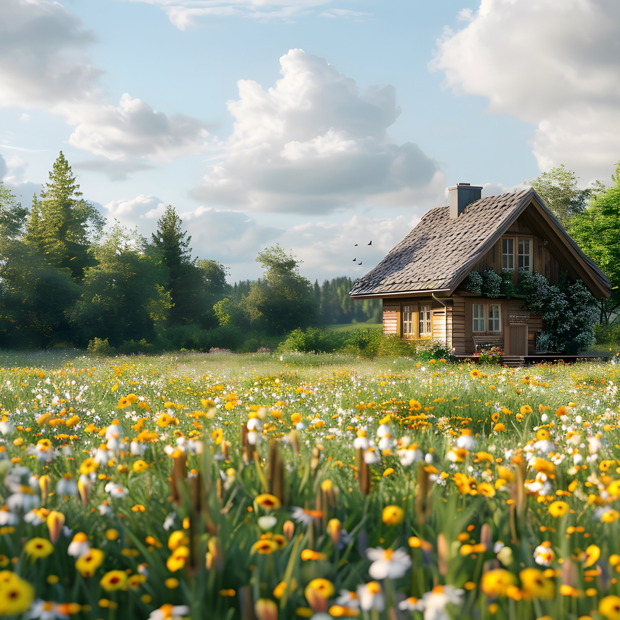 Summer Cabin Amid Flower Fields - Wallpapers for Samsung Galaxy Tab S9 FE+/Tab S11, Xiaomi Pad 5, Redmi Pad 2 Pro, POCO Pad in 2560x2560 resolution