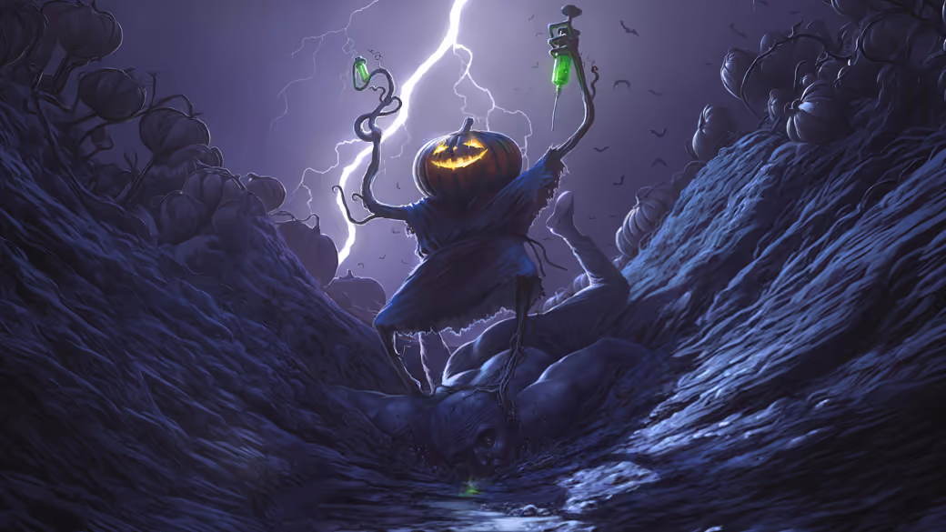 Jack-o-Lantern Scarecrow in Stormy Night — desktop and phone wallpaper, free download