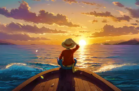 XVGA обои аниме (1024x768): Monkey D. Luffy, море, лодка, Солнце