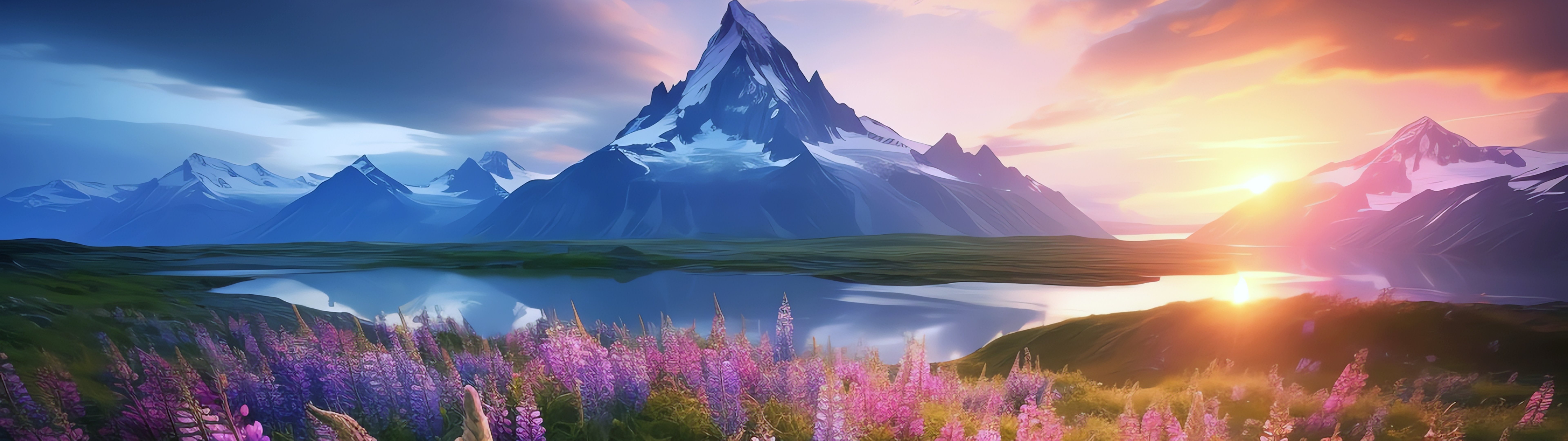 Sunset Over Alpine Mountains - Dual Monitor Wallpapers in 7680x2160 resolution