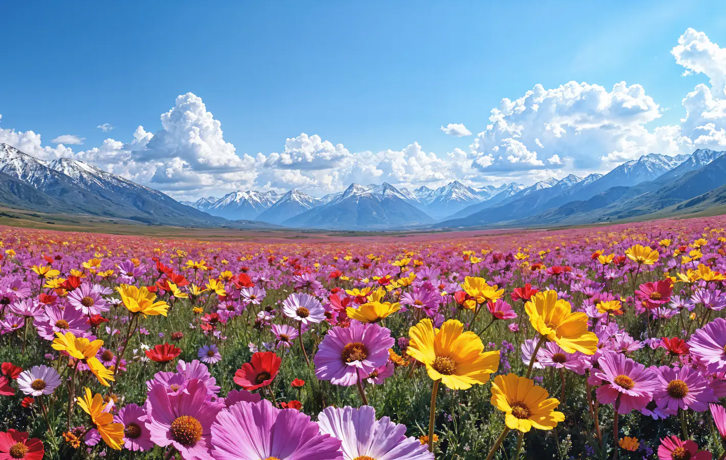 Mountains and Flower Field in Spring — desktop and phone wallpaper, free download