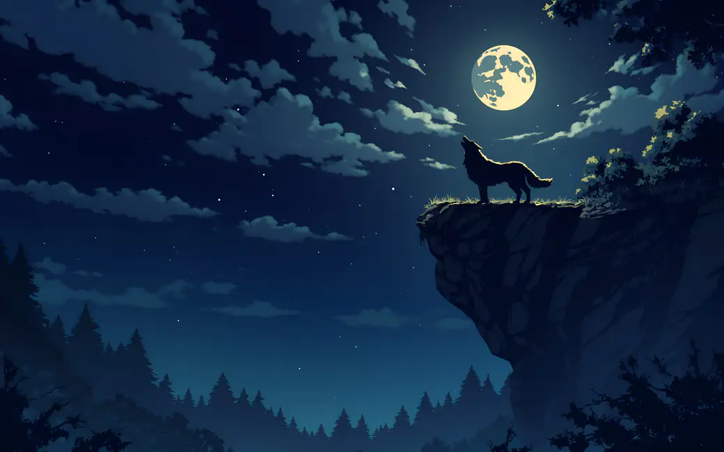 Wolf Howling at Moonlit Cliff — desktop and phone wallpaper, free download