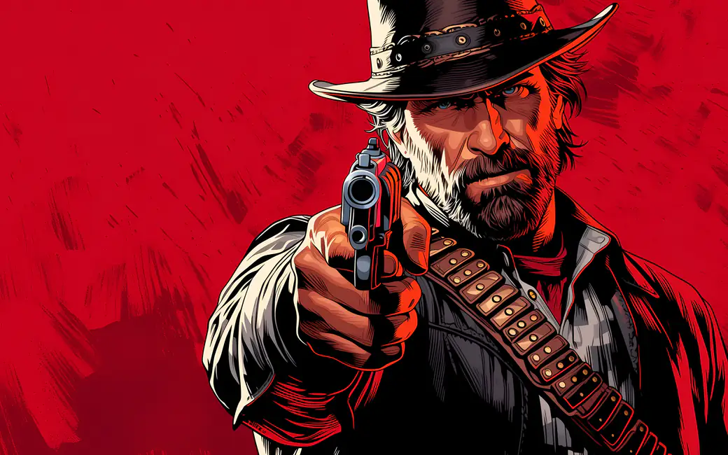 Arthur Morgan from RDR 2 with a pistol — desktop and phone wallpaper, free download