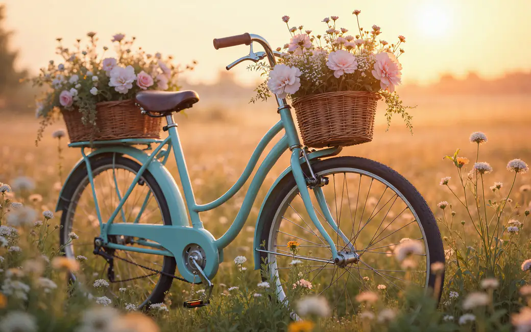 Bicycle with Flowers at Sunset — desktop and phone wallpaper, free download