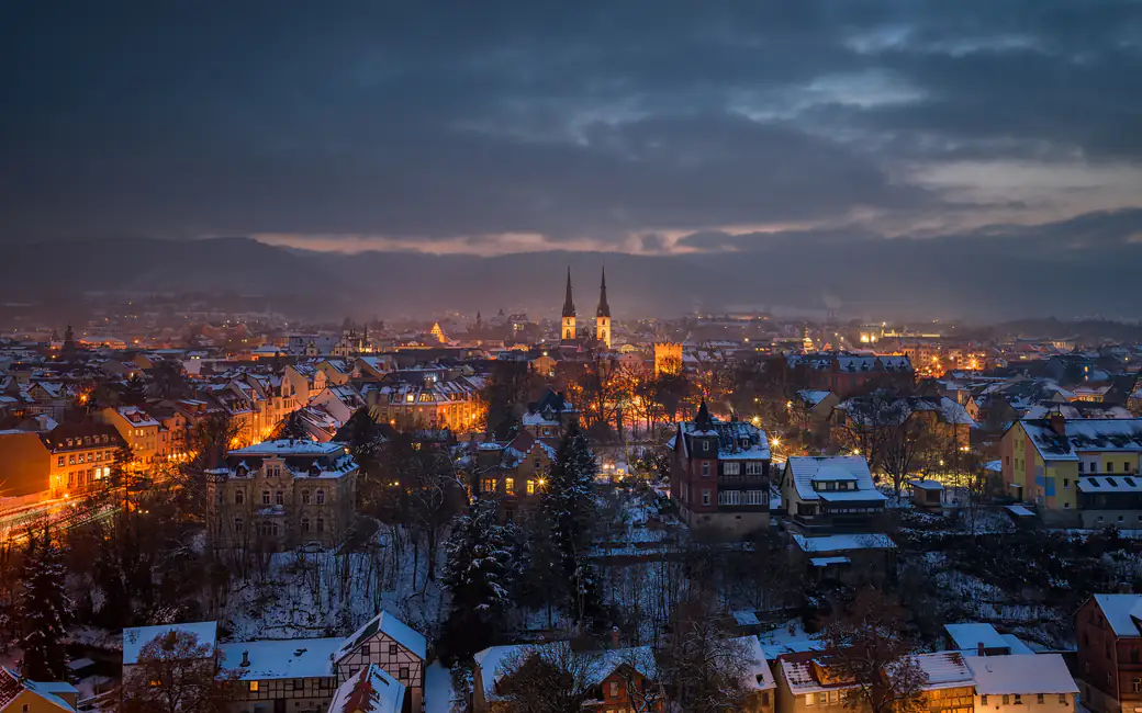 Winter Nightscape of Saalfeld, Germany — desktop and phone wallpaper, free download