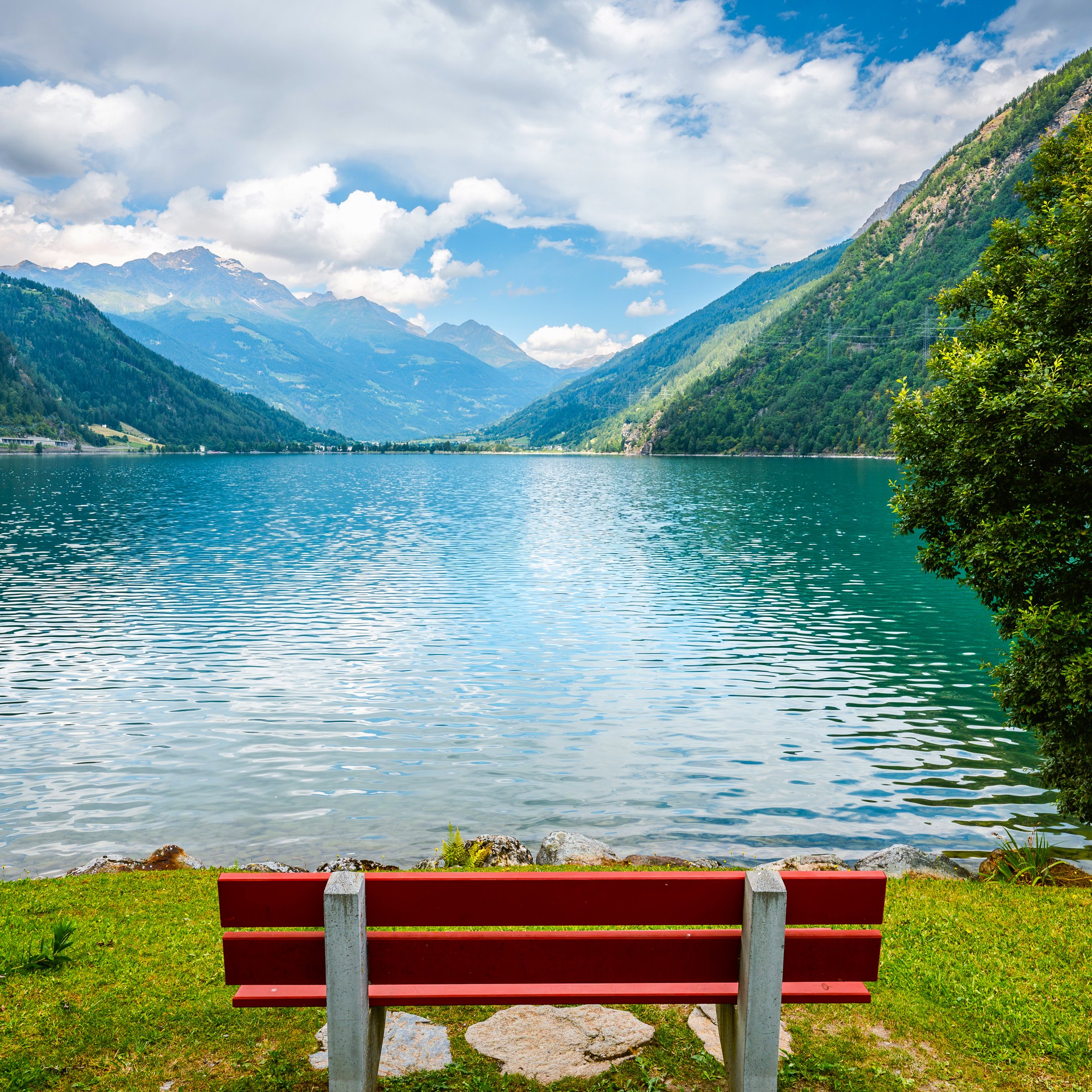 Lake Bench in Swiss Mountains - Wallpapers for iPad Pro 11″ in 2388x2388 resolution