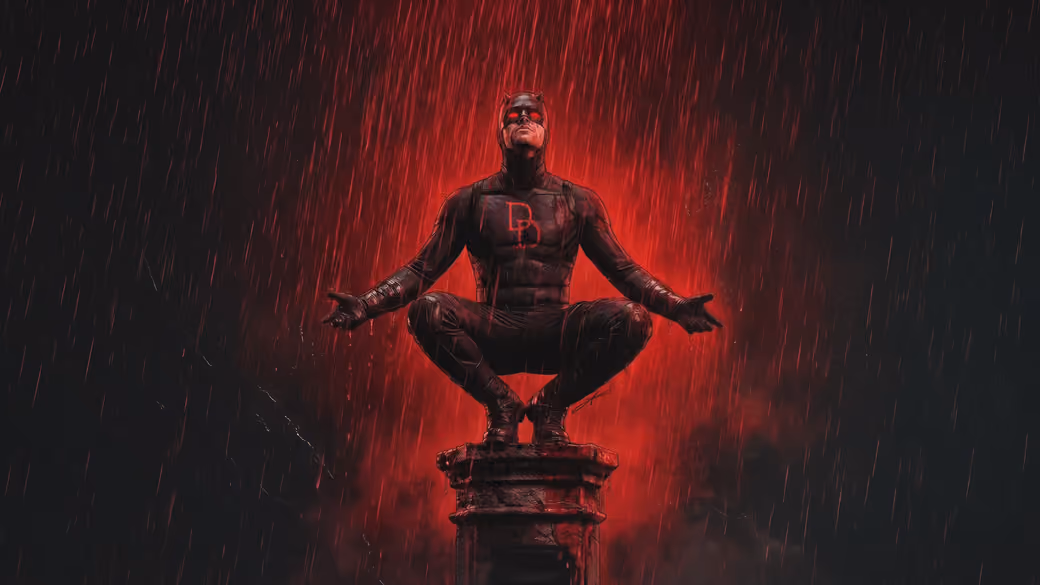 Daredevil in Red Rain at Night — desktop and phone wallpaper, free download