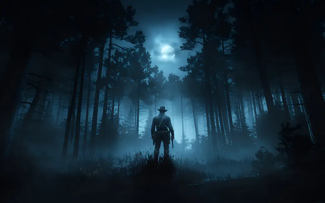 Arthur Morgan in Moonlit Forest — desktop and phone wallpaper, free download