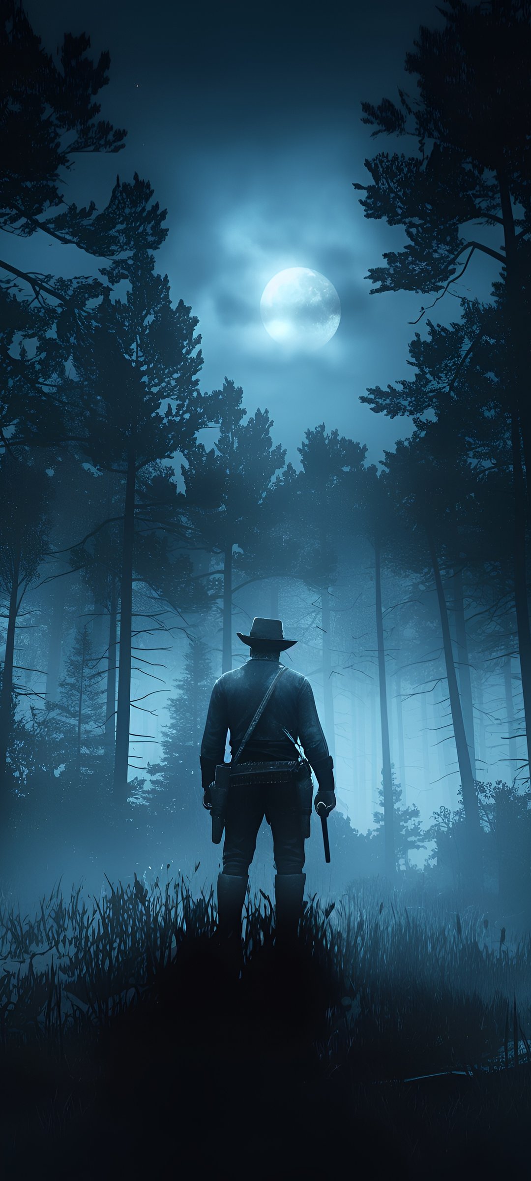 Arthur Morgan in Moonlit Forest - Wallpapers for Samsung Galaxy M55, POCO M4/X4/X5, Xiaomi Redmi 12/13/Note 13/Note 14/Note 14S in 1080x2400 resolution